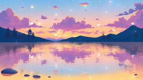 Dark Mountain Reflect Cartoon designed Dark Mountain, sky with star and reflect Stock Footage 306505364