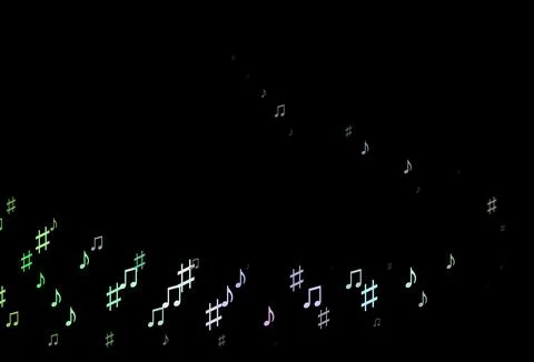 Dark Multicolor, Rainbow vector background with music symbols. Illustrazione stock