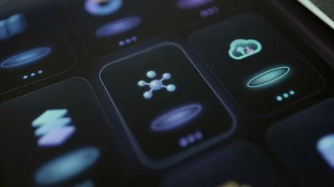 Dark multifunction interface displays connected nodes, cloud transfer Foto stock