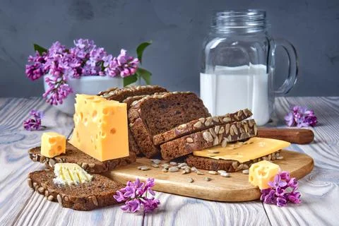 Dark multigrain bread made from rye, wheat, oats and barley with sunflower an Stock Photos