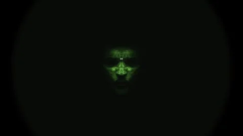 Dark mysterious ghostly face emerging from shadows with a haunting expression Stock Footage 318206341