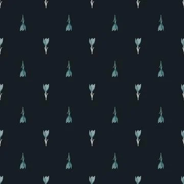 Dark nature vintage seamless pattern with outline crocus flowers elemens prin Stock Illustration