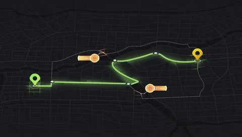 Dark navigation dashboard map with glowing green route line and travel time Stock Illustration