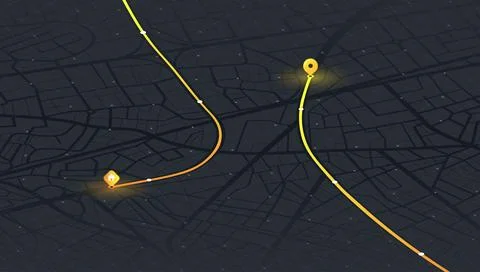 Dark navigation interface with glowing routes and location pins. City map Stock Illustration