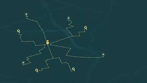 Dark navigation map featuring central user location branching to saved and Stock Illustration