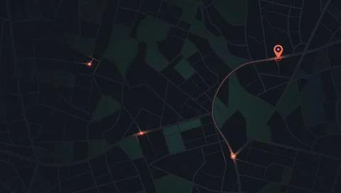 Dark navigation map with glowing route and red pins Иллюстрация