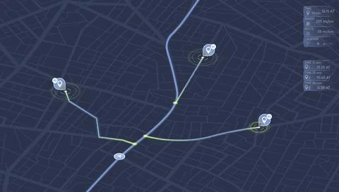 Dark Navigation Map Interface with Multiple Route Waypoints and Time Data Panel Stock Illustration