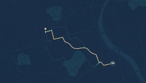Dark navigation map showing delivery route to truck icon Stock Illustration