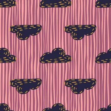 Dark navy blue dashes clouds ornament seamless pattern. Pink and purple strip Illustrazione stock
