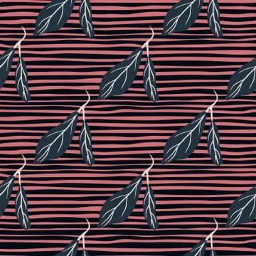 Dark navy blue leaf shapes seamless pattern. Stripped background with pink an Stock Illustration