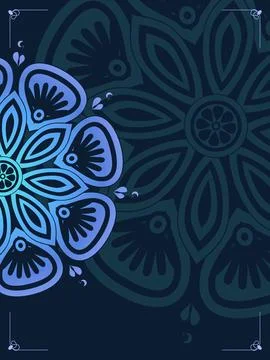 Dark navy decorative background featuring bold blue floral mandala motifs a.. Иллюстрация