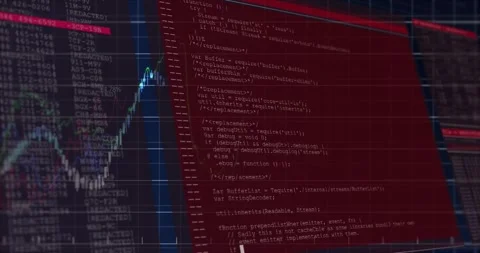 Dark navy grid showing red console sliding rotating code scrolling charts rising Vídeo Stock 331197967