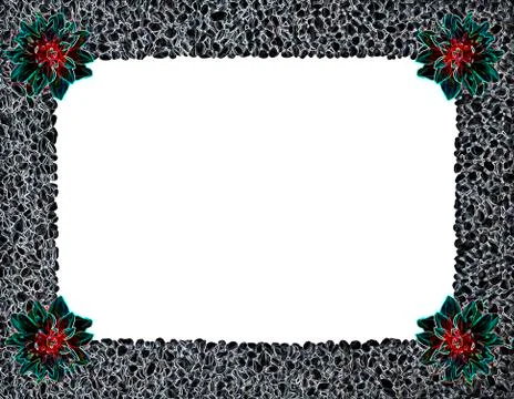 Dark neon frame of black pebbles with green red flowers in corners.Copy space Stock Illustration