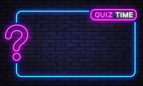 Dark neon template with pink question mark and quiz time tag, glowing blue Stock Illustration