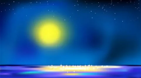 Dark night art background, twilight full moon over surface water, landscape Ilustração Stock
