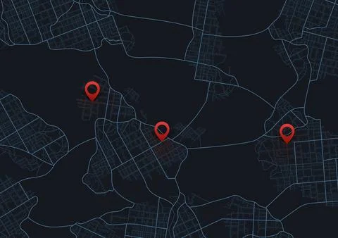 Dark night city map background with three red destination pins. Vector Stock Illustration