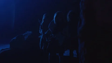 In dark night group of primitive cave people aborigines hunting searching food Stock Footage 116629499