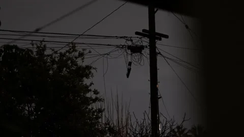 Dark Night Outside, Messy Utility Pole and Trees, 4K Stock Footage 237214415