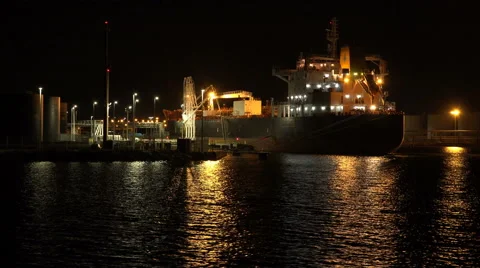 On A Dark Night Sailing Past Cargo Ship A Port Vídeo Stock 46457941