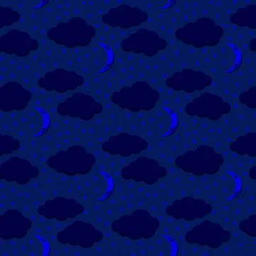 Dark night sky cute vector seamless pattern with fluffy clouds, stars, moon o Illustrazione stock