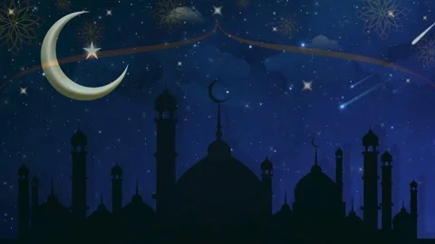 Dark Night Sky with Large Crescent Moon and Mosque Stock Footage 336013567
