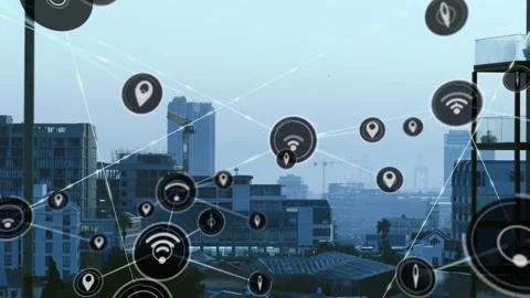 Dark node appearing over urban skyline, Wi?Fi icons growing and connecting, Video stock 334034898