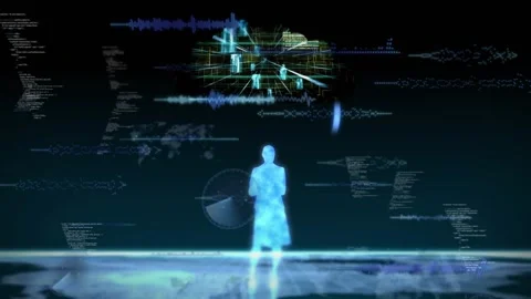 Dark node appearing triggers horizon rising, holograms forming, HUD maps pulsing 스톡 동영상 328418111