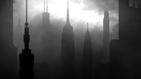 Dark noir city silhouettes of skyscrapers dolly 1 Stock Footage
