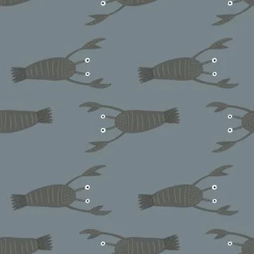 Dark ocean seamless food pattern with lobster shapes. Grey marine animal orna Stock Illustration
