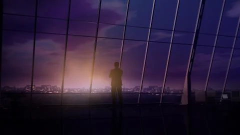 In a dark office, against the window, a man stands and looks into the distance. Stock Illustration