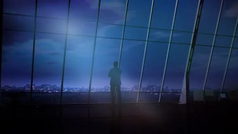 In a dark office, against the window, a man is looking at the night city. Stock Illustration