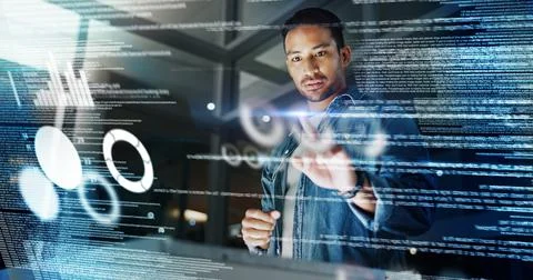 Dark, office and man with data overlay, digital coding and system management for Foto stock