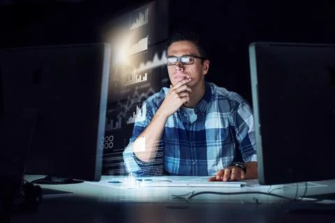 Dark, office and man with programming overlay for online data, analysis and Stock-Fotos