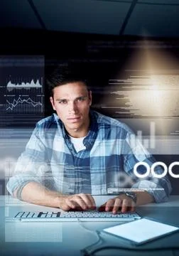 Dark office, portrait and man with programming overlay for online data, analysis Stock Photos