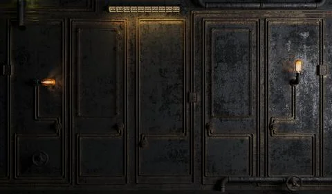 Dark old loft steampunk wall background with lamps Stock Illustration