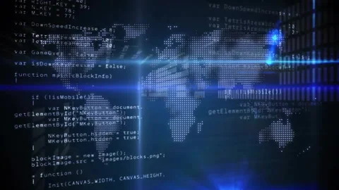 Dark opening starting map fading, beams crossing, code scrolling, bars forming Stock Footage 311417049