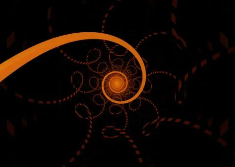 Dark orange spirals on black background shaded with lines, centered perspecti Stock Illustration