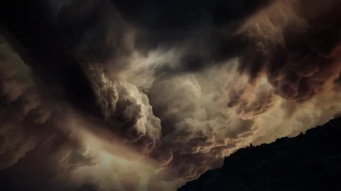 Dark Orange Storm Clouds Over Mountain Ridge Dramatic Sunset Stock Footage 337812472