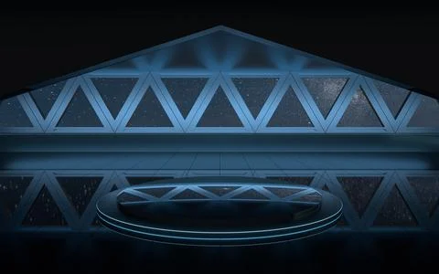 Dark outer space room with empty stage, 3d rendering. Ilustración de archivo