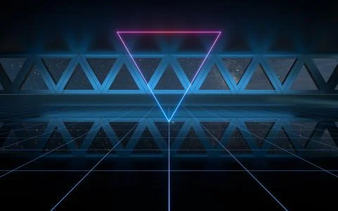 Dark outer space room with neon lights, 3d rendering. Ilustración de archivo