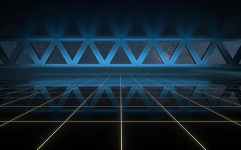 Dark outer space room with neon lights, 3d rendering. Ilustración de archivo
