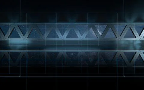 Dark outer space room with neon lights, 3d rendering. Ilustración de archivo