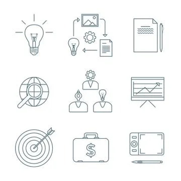 Dark outline creative business process icons set. Stock Illustration