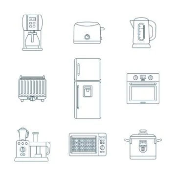 Dark outline various kitchen devices set. Illustrazione stock