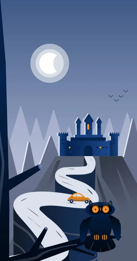 Dark owl perches as car approaches haunted castle Stock Footage 332876281