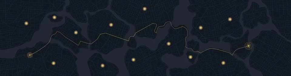 Dark panoramic city map with winding golden route and glowing points. Stock Illustration