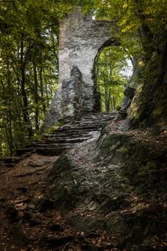 Dark path in forest with ruin of gate near castle Bezdez Stock Photos