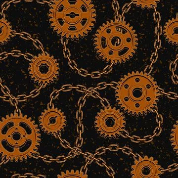 Dark pattern with rusty gears, chains Stock Illustration
