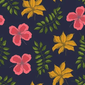 Dark pattern with tropical flowers and leaves Stock Illustration