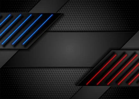 Dark perforated tech background with blue and red neon lines Stock Illustration